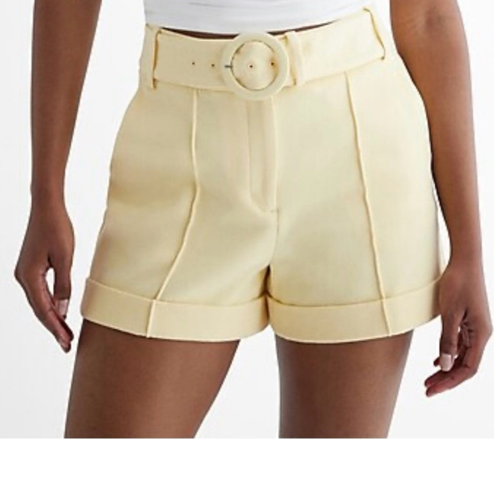 Express yellow  High Waist belted pintuck shorts